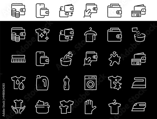 Simple set of washing related vector line Icons. Contains icons such as washing machine, powder, laundry, dirty t-shirt and much more. On a white background, editable stroke. 48x48 pixels perfect