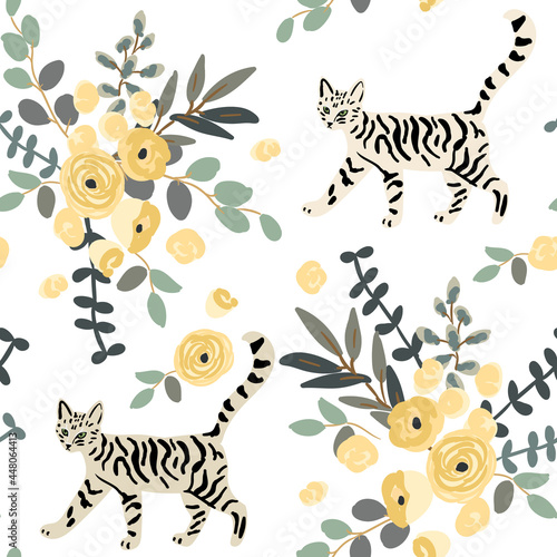 Cute cats and yellow floral bouquets on the white background. Vector seamless pattern. Pets and flowers. Nature print. Summer illustration with domestic animals