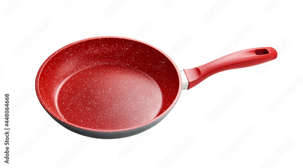 Frigideira de teflon vermelha isolada com path na diagonal Frigideira de teflon vermelha isolada com path na diagonal