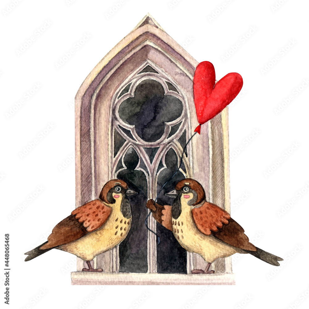Naklejka premium Sparrows with a balloon on the window. Watercolor illustration. Birds. Gothic. Prague. Postcard. Beautiful. Love. Cute. Cosy. Nature. Design. Handmade work. Holidays. Heart.
