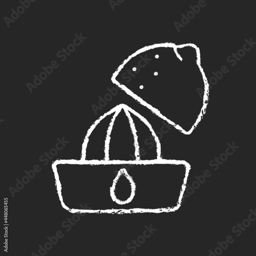 Squeeze lemon chalk white icon on dark background. Making fresh juice for diet drink. Fruit squeezer. Cooking instruction. Food preparation process. Isolated vector chalkboard illustration on black