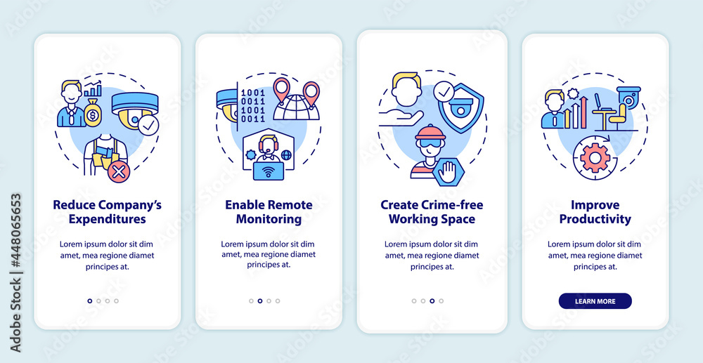 Surveillance system for business technologies onboarding mobile app page screen. Cam walkthrough 4 steps graphic instructions with concepts. UI, UX, GUI vector template with linear color illustrations