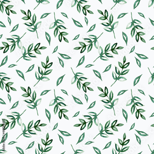 Seamless pattern with green leaves and branches on a white background. Watercolor illustration. Summer. Season. Print on the fabric. Background. Beautiful. Holidays. Wallpaper. Packaging. Nature. 