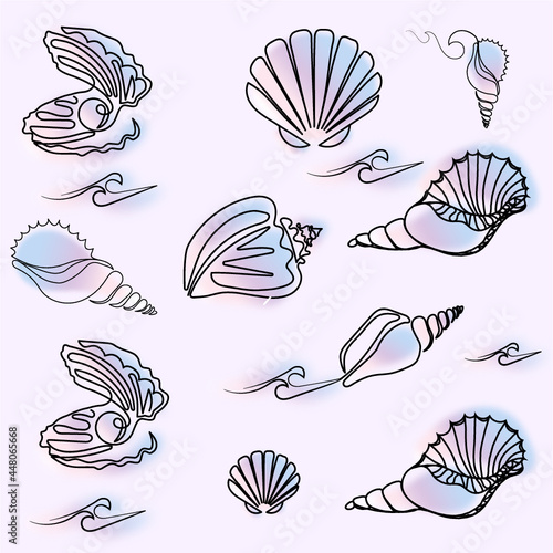 Patern Marine. Patern seashells. Seashell background. Marine background. Sea. Shells. Waves. One line. One line illustration. One line drawing. Marine background.