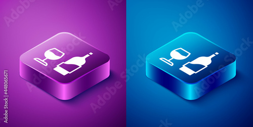 Isometric Wine bottle with glass icon isolated on blue and purple background. Square button. Vector