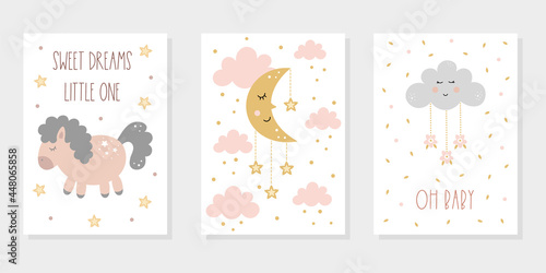 Cute baby posters in pastel colors with cartoon sleeping horse, moon and cloud among stars in the sky. Scandinavian style vector illustration for nursery room. Baby animals. Good night theme.