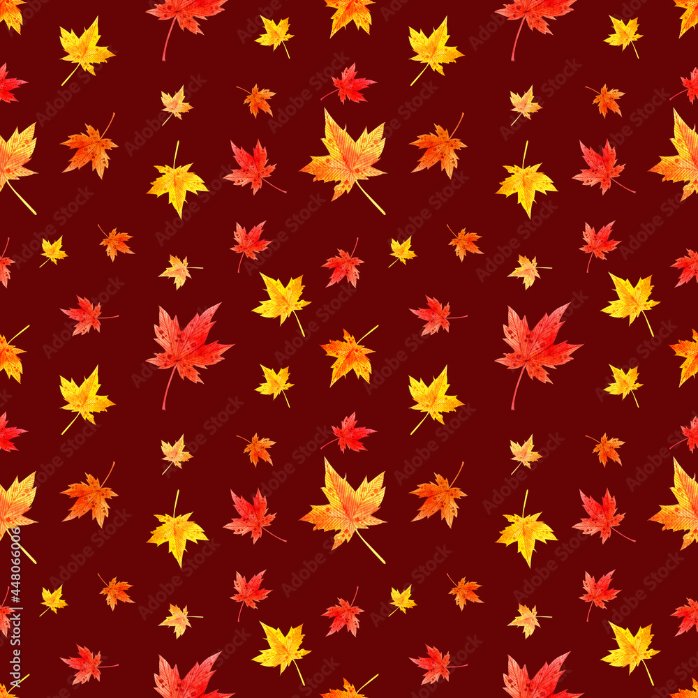 Seamless pattern with maple leaves on a red background. Watercolor illustration. Autumn. Season. Print on the fabric. Background. Beautiful. Bright. Wallpaper. Packaging. Nature. Tree. Yellow. Seamless pattern with maple leaves on a red background. Watercolor illustration. Autumn. Season. Print on the fabric. Background. Beautiful. Bright. Wallpaper. Packaging. Nature. Tree. Yellow.