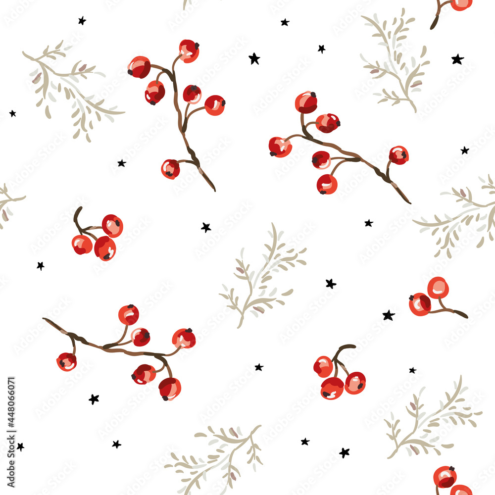 Christmas seamless pattern, red berries, twigs, stars, white background. Vector illustration. Nature design. Season greeting. Winter forest. Xmas holidays Christmas seamless pattern, red berries, twigs, stars, white background. Vector illustration. Nature design. Season greeting. Winter forest. Xmas holidays