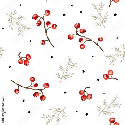 Christmas seamless pattern, red berries, twigs, stars, white background. Vector illustration. Nature design. Season greeting. Winter forest. Xmas holidays