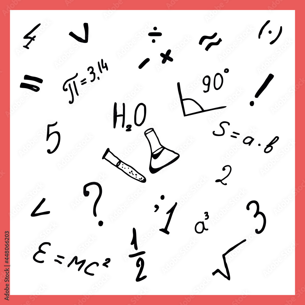 Vector illustration mathematics physics chemistry formulas fractions angle doodle set. Vector illustration mathematics physics chemistry formulas fractions angle doodle set.
