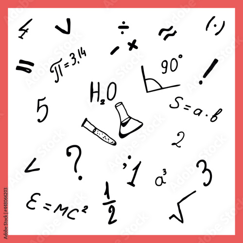 Vector illustration mathematics physics chemistry formulas fractions angle doodle set.