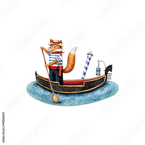 A fox in a gondola on a white background. Watercolor illustration. Transport. Italy. Venice. Cute. Animal. Postcard. Print. Water. Design. Handmade work. Holidays. A boat.