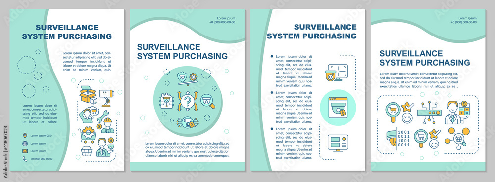 Naklejka premium Surveillance system buying mint brochure template. Flyer, booklet, leaflet print, cover design with linear icons. Vector layouts for presentation, annual reports, advertisement pages