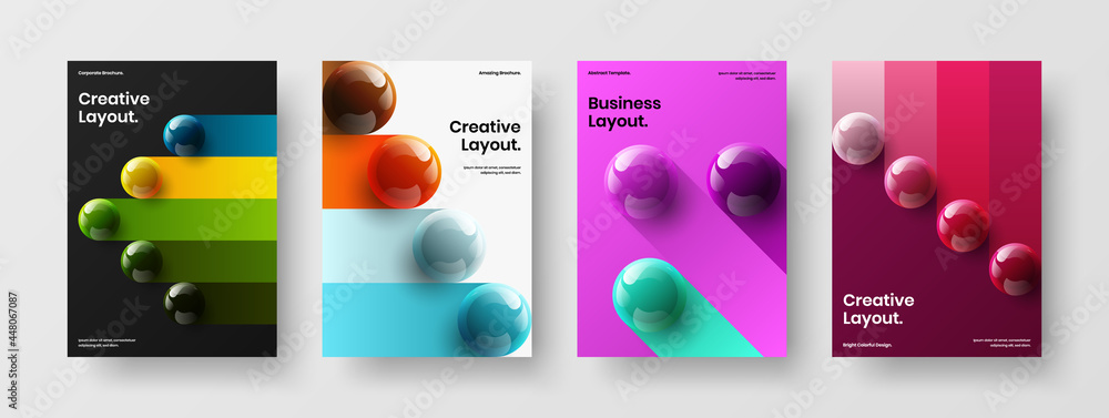 Geometric realistic spheres pamphlet illustration collection. Colorful corporate identity A4 vector design layout set.