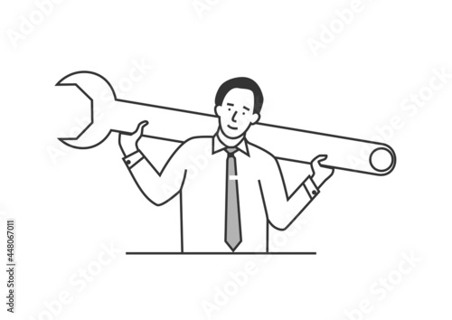 Helpesk service centre concept. Man holding a large wrench. Limited colour flat vector illustration.