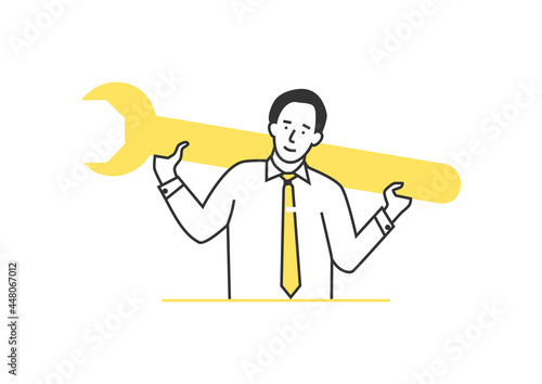 Helpesk service centre concept. Man holding a large wrench. Limited colour flat vector illustration.