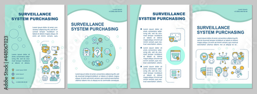 Surveillance system buying mint brochure template. Flyer, booklet, leaflet print, cover design with linear icons. Vector layouts for presentation, annual reports, advertisement pages