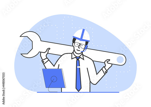 Helpesk service centre concept. Man holding a large wrench. Limited colour flat vector illustration.