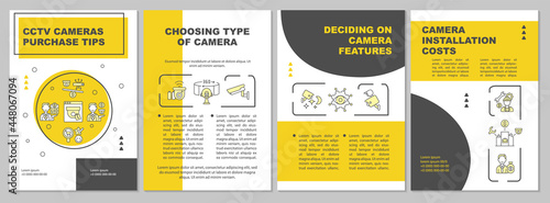Choosing type of camera brochure template. Camera features. Flyer, booklet, leaflet print, cover design with linear icons. Vector layouts for presentation, annual reports, advertisement pages