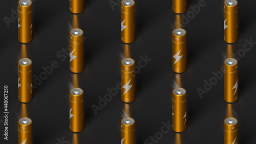 Isometric view on organized rows of AA golden batteries. Green energy and rechargeable power supply concept. 3d render illustration photo