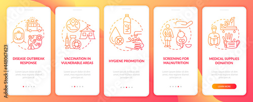 Healthcare onboarding mobile app page screen. International emergency protection walkthrough 5 steps graphic instructions with concepts. UI, UX, GUI vector template with linear color illustrations