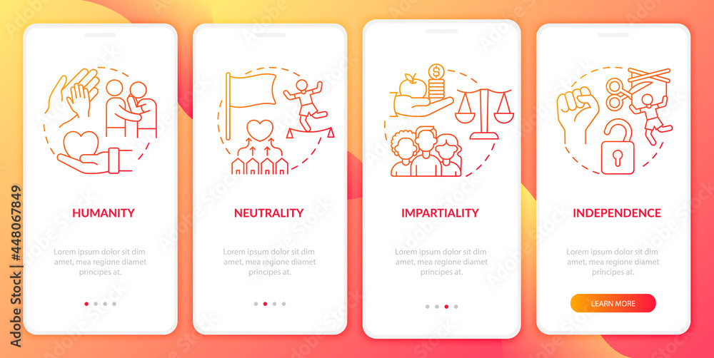 Humanitarian aid base onboarding mobile app page screen. Independence and humanity walkthrough 4 steps graphic instructions with concepts. UI, UX, GUI vector template with linear color illustrations