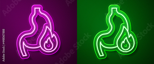 Glowing neon line Stomach heartburn icon isolated on purple and green background. Stomach burn. Gastritis and acid reflux, indigestion and stomach pain problems. Vector