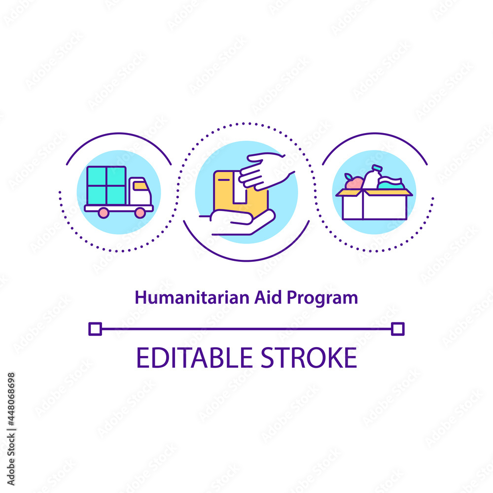 Humanitarian aid program concept icon. Logistics in disaster response. Emergency food and shelter abstract idea thin line illustration. Vector isolated outline color drawing. Editable stroke Humanitarian aid program concept icon. Logistics in disaster response. Emergency food and shelter abstract idea thin line illustration. Vector isolated outline color drawing. Editable stroke