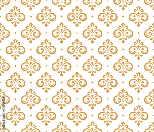 Wallpaper in the style of Baroque. Seamless vector background. White and gold floral ornament. Graphic pattern for fabric, wallpaper, packaging. Ornate Damask flower ornament