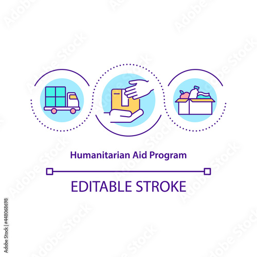 Humanitarian aid program concept icon. Logistics in disaster response. Emergency food and shelter abstract idea thin line illustration. Vector isolated outline color drawing. Editable stroke