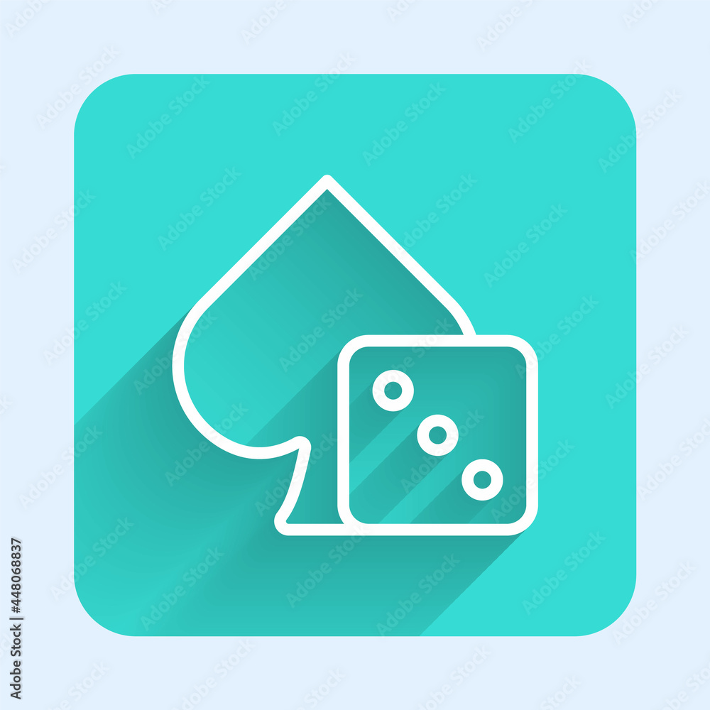 White line Game dice icon isolated with long shadow. Casino gambling. Green square button. Vector White line Game dice icon isolated with long shadow. Casino gambling. Green square button. Vector