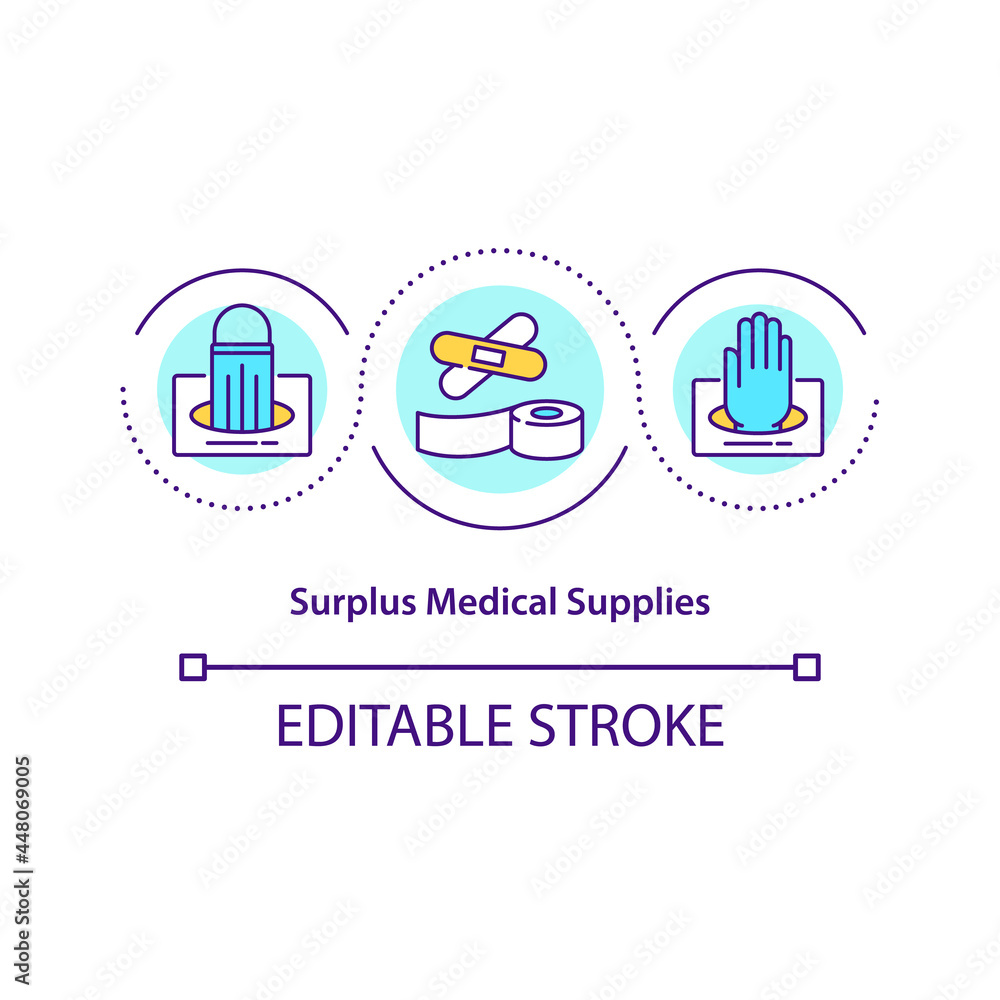 Obraz premium Surplus medical supplies concept icon. Humanitarian aid production overages and hospital overstock abstract idea thin line illustration. Vector isolated outline color drawing. Editable stroke