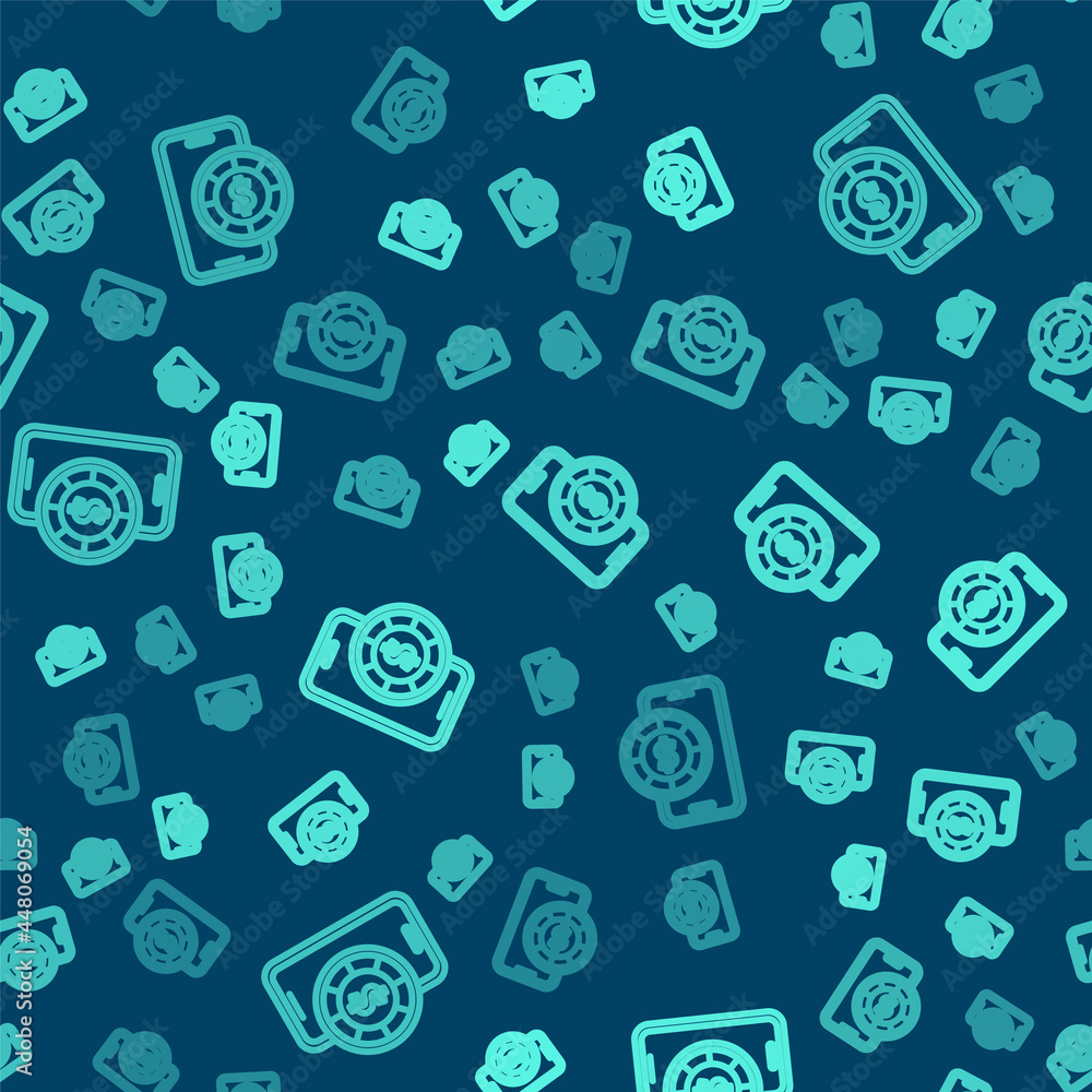 Green line Online poker table game icon isolated seamless pattern on blue background. Online casino. Vector Green line Online poker table game icon isolated seamless pattern on blue background. Online casino. Vector