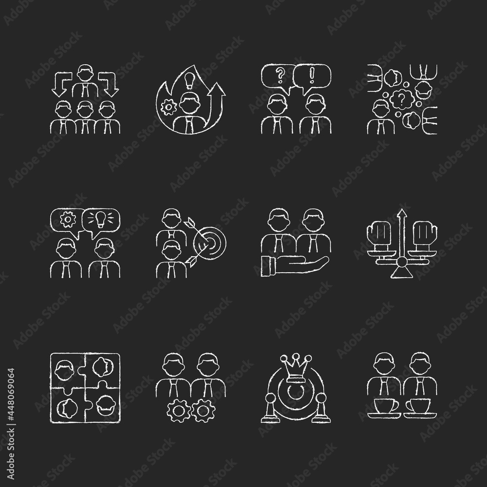 Teamwork related chalk white icons set on dark background. Common goals and its achivement. Business strategy. Team members coordination. Isolated vector chalkboard illustrations on black