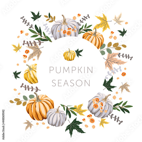 Autumn frame design template print with orange, yellow, gray pumpkin, maple leaves. Vector illustration. October harvest background. Organic vegetable garden food. Nature design. Fall season
