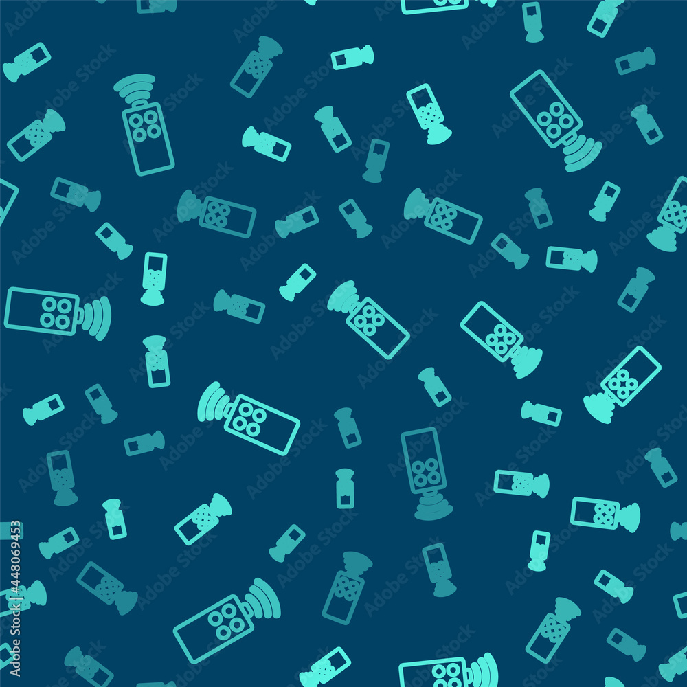 Green line Remote control for the camera icon isolated seamless pattern on blue background. An auxiliary device that allows you to work with a camera from a distance. Vector Green line Remote control for the camera icon isolated seamless pattern on blue background. An auxiliary device that allows you to work with a camera from a distance. Vector