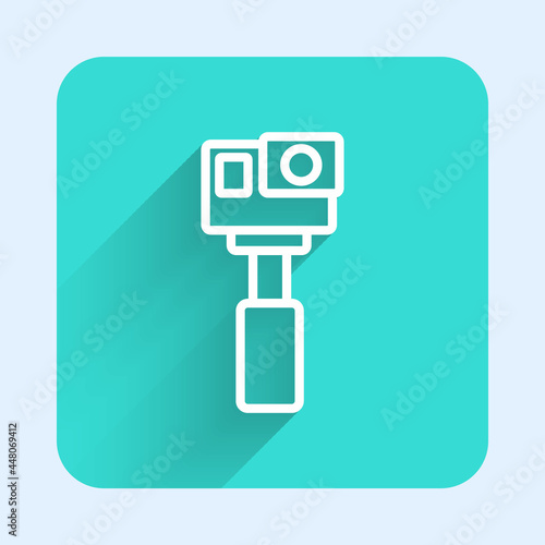 White line Action extreme camera icon isolated with long shadow. Video camera equipment for filming extreme sports. Green square button. Vector
