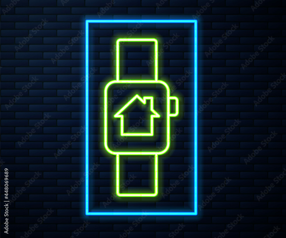 Glowing neon line Smart home with smart watch icon isolated on brick wall background. Remote control. Vector Glowing neon line Smart home with smart watch icon isolated on brick wall background. Remote control. Vector