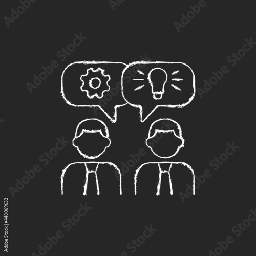 Brainstorming chalk white icon on dark background. Generating ideas and solutions in team. Brainstorming session. Idea creation method for group. Isolated vector chalkboard illustration on black
