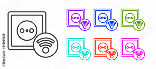 Black line Smart electrical outlet system icon isolated on white background. Power socket. Internet of things concept with wireless connection. Set icons colorful. Vector