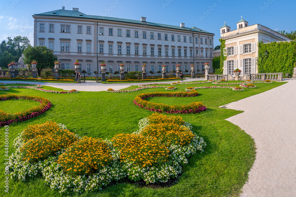 Salzburg, Austria; July 28, 2021 - A view of the public gardens that are free to enter at the Mirabell Palace. It was built in 1606 by prince-archbishop Wolf Dietrich for his beloved Salome Alt. Today