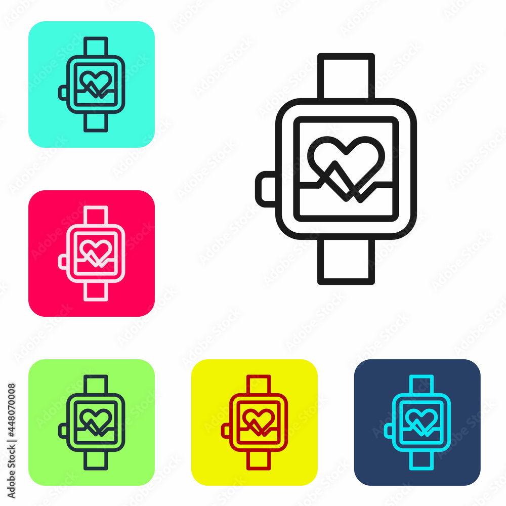 Black line Smart watch showing heart beat rate icon isolated on white background. Fitness App concept. Set icons in color square buttons. Vector Black line Smart watch showing heart beat rate icon isolated on white background. Fitness App concept. Set icons in color square buttons. Vector