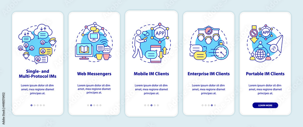 Instant messaging software types onboarding mobile app page screen. Web messenger walkthrough 5 steps graphic instructions with concepts. UI, UX, GUI vector template with linear color illustrations