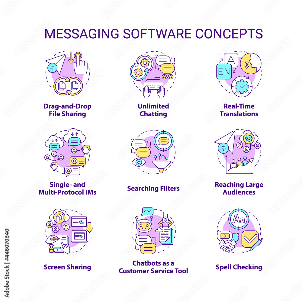 Messaging software concept icons set. Unlimited chatting. Spell checking. Online communication service idea thin line color illustrations. Vector isolated outline drawings. Editable stroke Messaging software concept icons set. Unlimited chatting. Spell checking. Online communication service idea thin line color illustrations. Vector isolated outline drawings. Editable stroke
