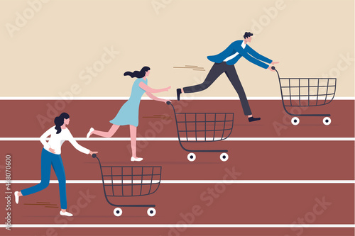 High demand products, sale season e-commerce discount website or marketing campaign drawing customers to buy product concept, consumer people with shopping cart compete in running race tracks.