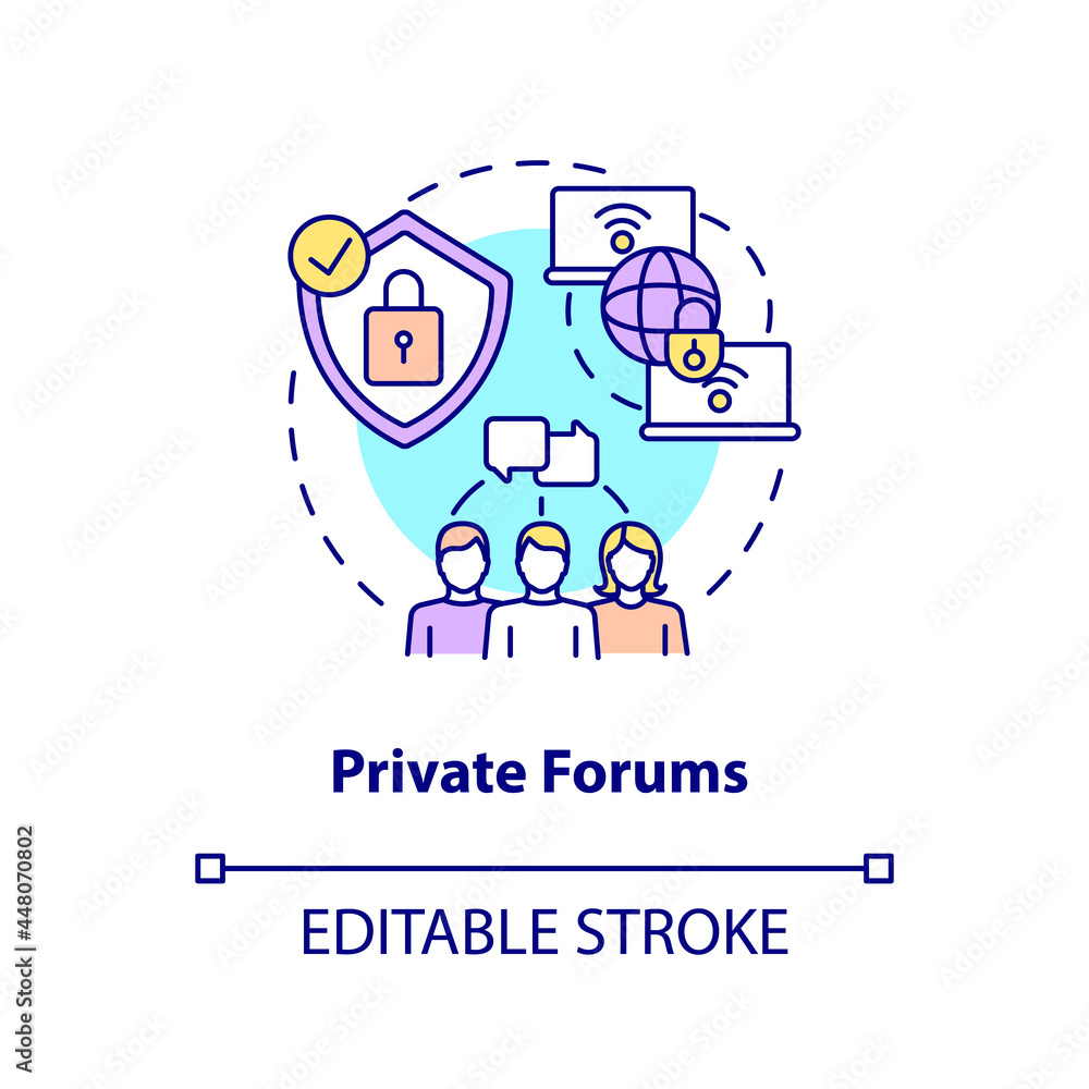 Private forum concept icon. Secure chat. Closed communication channel. Messaging software abstract idea thin line illustration. Vector isolated outline color drawing. Editable stroke Private forum concept icon. Secure chat. Closed communication channel. Messaging software abstract idea thin line illustration. Vector isolated outline color drawing. Editable stroke