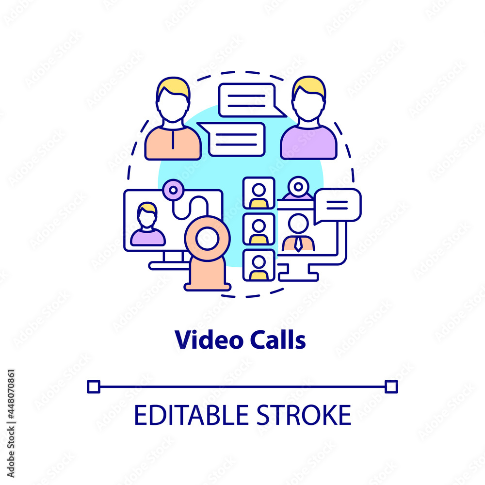 Video call concept icon. Online meeting for virtual office. Communication for business. Messaging software abstract idea thin line illustration. Vector isolated outline color drawing. Editable stroke Video call concept icon. Online meeting for virtual office. Communication for business. Messaging software abstract idea thin line illustration. Vector isolated outline color drawing. Editable stroke