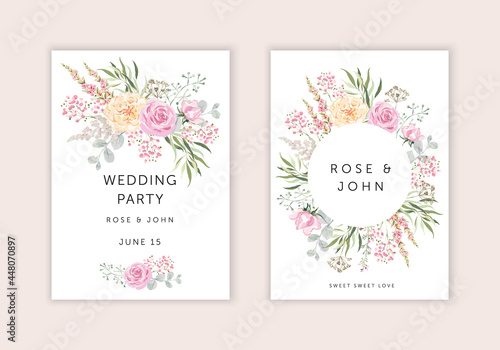 Wedding cards design. Pink rose flowers, green leaves bouquets, round frame, white background. Vector illustration. Romantic floral arrangements. Invitation template 
