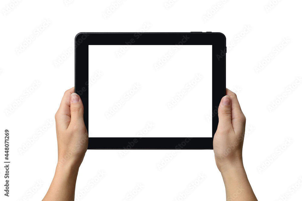 tablet with white screen for your text in the hands of a woman. Isolated object