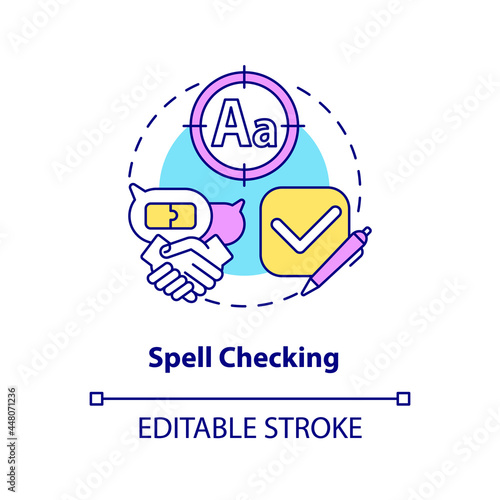 Spell checking concept icon. Messenger with grammar control. Instant chat service. Messaging software abstract idea thin line illustration. Vector isolated outline color drawing. Editable stroke